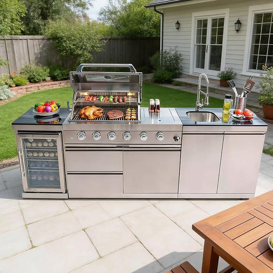 98" Rolling Outdoor Kitchen Island with Built-In 4 Burners 72,000 BTU Stainless Steel Gas Grill Featuring Rotisserie Oven,Granite Countertops,Beverage Fridge,Sink.(Silver + Fridge + Sink, Propane Gas)