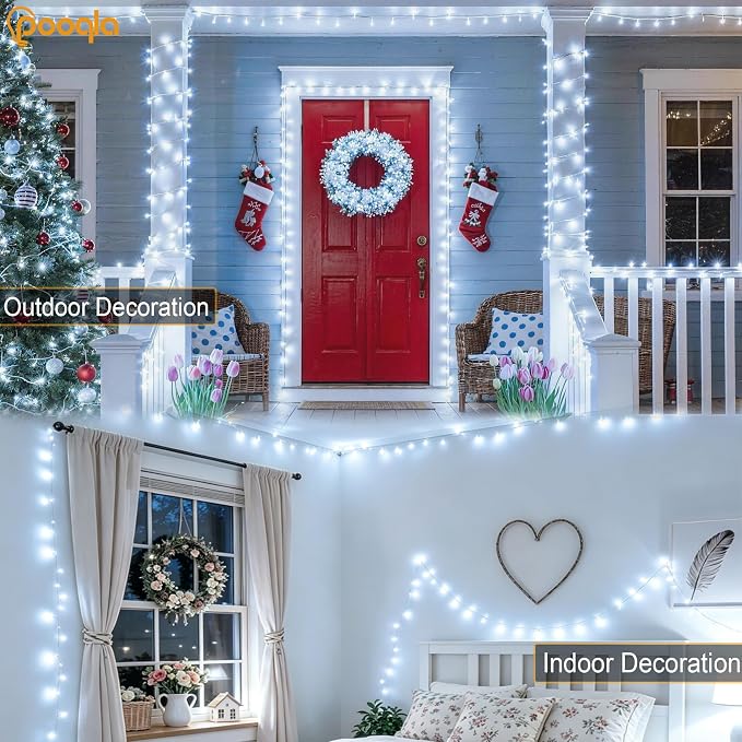 Pooqla 4 Pack String Lights Battery Operated, Total 66.6ft 200 LED Fairy Lights Indoor Outdoor Decorations, 8 Modes Cool White Battery Christmas Lights for Bedroom Classroom Porch Party Yard Decor
