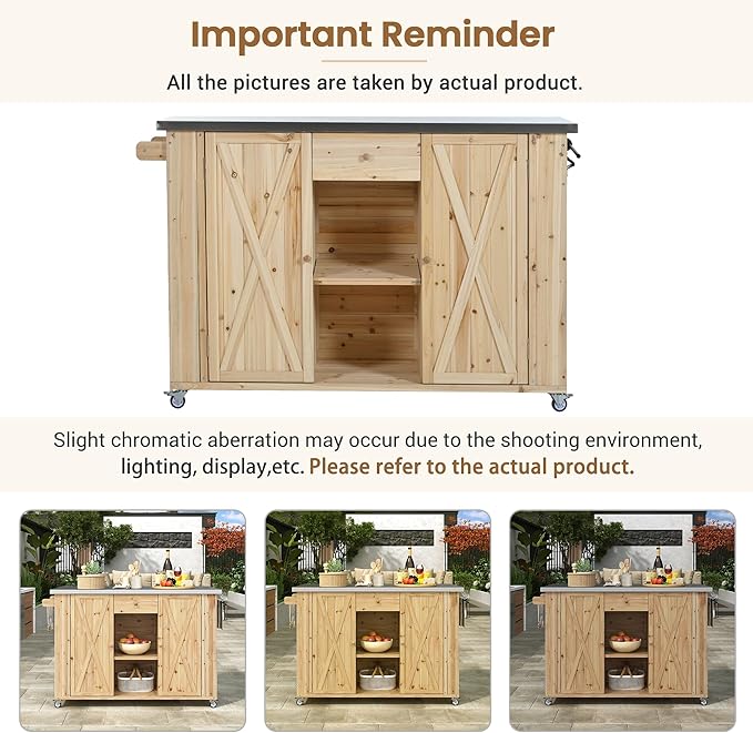 Outdoor Kitchen Island Fir Wood Kitchen Island with Stainless Steel Top,Ample Storage Space, Towel and Spice Racks and a Bottle Opener for Outdoor (Natural Wood@53)