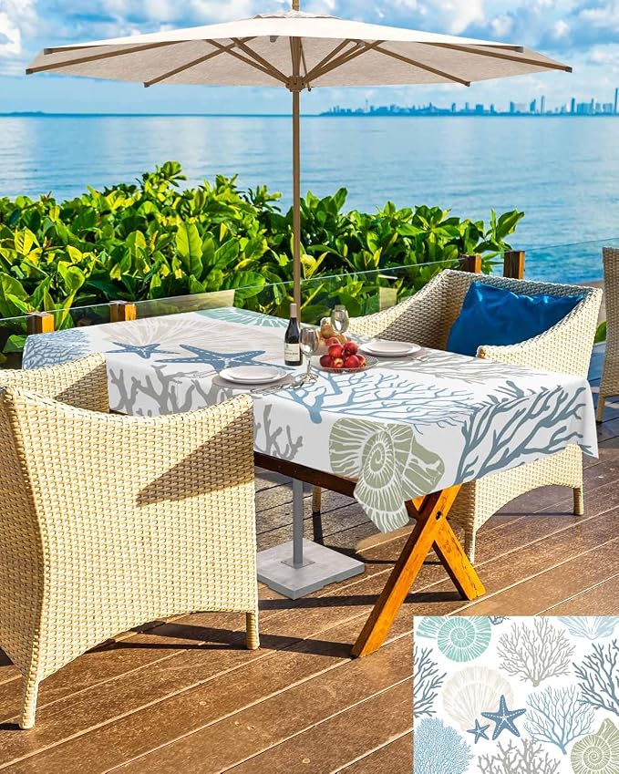 Coastal Outdoor Tablecloth - 60x102 Inch Rectangle Dining Table Cover, Blue Teal Coral Summer Beach Ocean Starfish Waterproof Outdoor Table Cloth with Umbrella Hole & Zipper for Picnic/Patio/Party