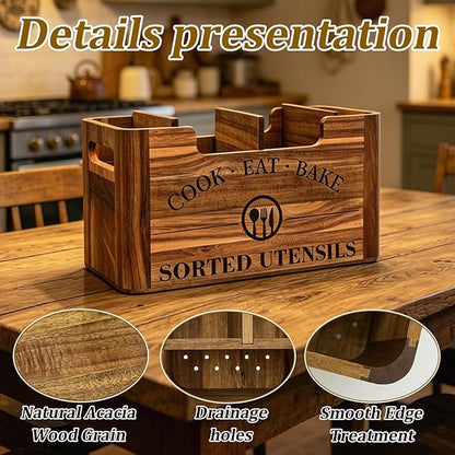 Upgraded Acacia Wood Kitchen Utensil Holder, Large Utensil Holder with Warm Aesthetic Spacious Compartment, Wooden Container for Cooking Tools, Cutlery, Spice Jars and Oil Bottles (Hybrid Caddy)