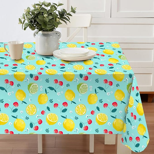 Wild Lemons and Cherries Vinyl Tablecloth – 52 x 70 Inch Rectangle Waterproof Table Cover with Flannel Backing, Wipeable Indoor/Outdoor Summer Fruit Print for Picnics, BBQs, and Holiday Dining