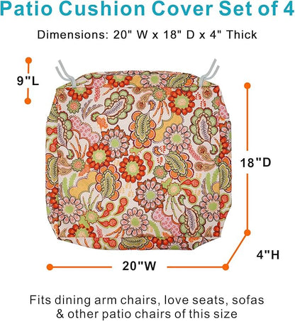 NettyPro Patio Cushion Covers Replacement Set 4 Water Repellent UV Resistant Outdoor Cushion Slipcover with Zipper and Tie, 20 x 18 x 4 Inch, Pop Paisley