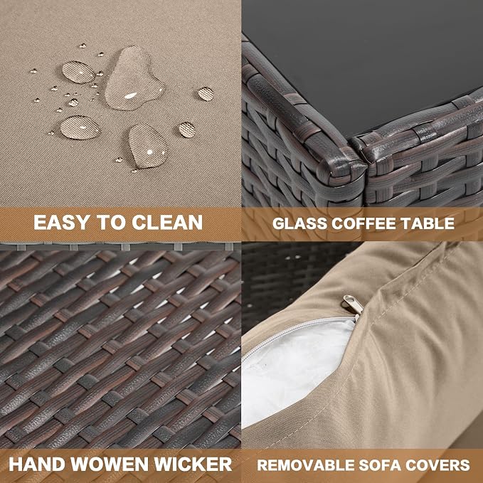 MOCHITO 5 Pieces Outdoor Patio Furniture Sets, All-Weather Sectional Sofa Dark Brown PE Rattan Wicker Conversation Set with Glass Table and Washable Khaki Cushions for Backyard,Sunroom,Garden,Porch
