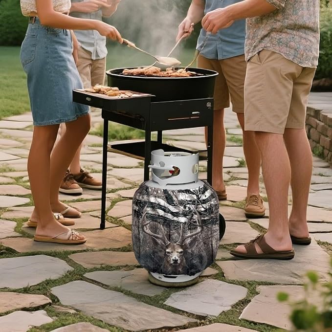 American Deer Propane Tank Covers 20lb Retro Outdoor Heavy Duty Waterproof Windproof Gas Tank Cylinder Cover with Elastic Brand, Dress up Your Gas Grill, Fits Standard 20lb Cylinder