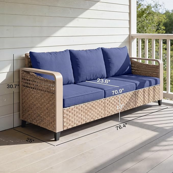 Outsunny Outdoor Patio Couch with Wide and Deep Seat, 3 Seater Wicker Outdoor Sofa with Wide Metal Armrests, Patio Furniture Couch with Cushions for Porch, Garden, Backyard, Dark Blue | Removable Covers