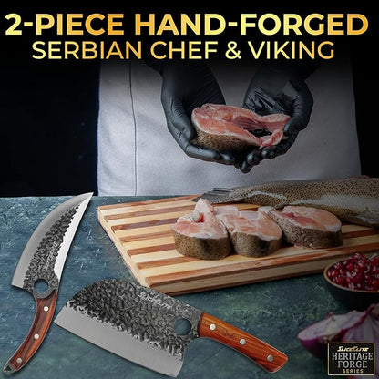 SliceElite Heritage Forge Series 2PCS Hand-Forged Serbian Chef & Viking Duo Kitchen Tool Meat Cleaver Chopping Knife Outdoor Cooking BBQ Butcher Set Forged Cooking Knives Great Knife for Men and Women