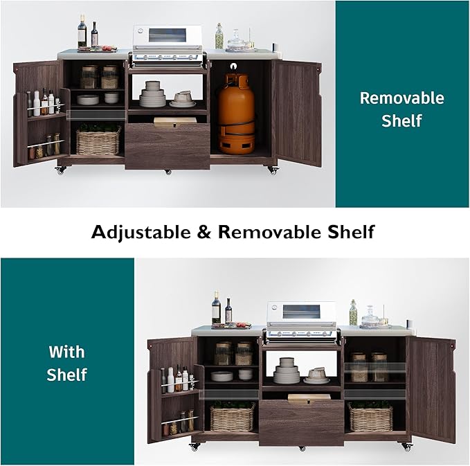 LUMISOL Outdoor Grill Cart with Stainless Steel Top, Solid Wood Kitchen Island for Big Green Egg Grills, 66.5" Rolling Kitchen Table with Internal Storage Rack, Spice & Towel Rack, Dark Brown