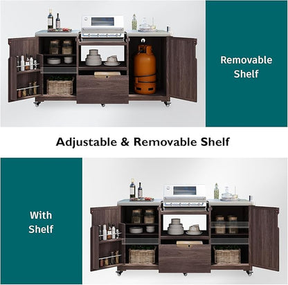 LUMISOL Outdoor Grill Cart with Stainless Steel Top, Solid Wood Kitchen Island for Big Green Egg Grills, 66.5" Rolling Kitchen Table with Internal Storage Rack, Spice & Towel Rack, Dark Brown