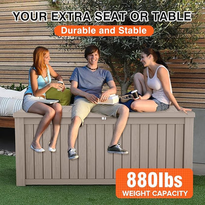 200 Gallon Outdoor Deck Box, Lockable Waterproof Outdoor Storage Boxes For Garden Tools,Indoor Cushions,Accessories Outside Storage Resin Weatherproof Container, Gray