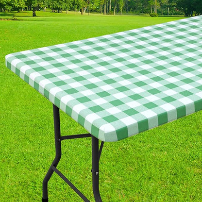 Smiry Rectangle Picnic Table Cloth, Elastic Waterproof Fitted Vinyl Tablecloths, Flannel Backed Buffalo Plaid Table Covers for Dining, Camping, Outdoor (Sage Green and White, 36" x 96")