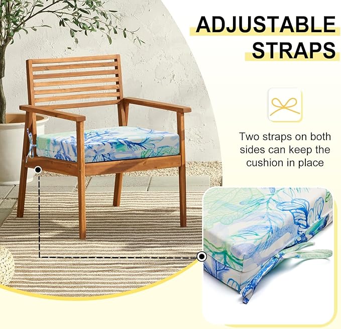 downluxe Outdoor Chair Cushions Set of 4 for Patio Furniture, Water-Resistant Square Corner Patio Chair Cushions with Ties, High Density Foam Outdoor Seat Cushion, 18.5" X 16" X 3", Blue Coral