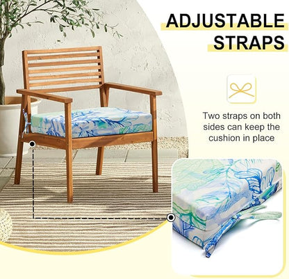 downluxe Outdoor Chair Cushions Set of 4 for Patio Furniture, Water-Resistant Square Corner Patio Chair Cushions with Ties, High Density Foam Outdoor Seat Cushion, 18.5" X 16" X 3", Blue Coral