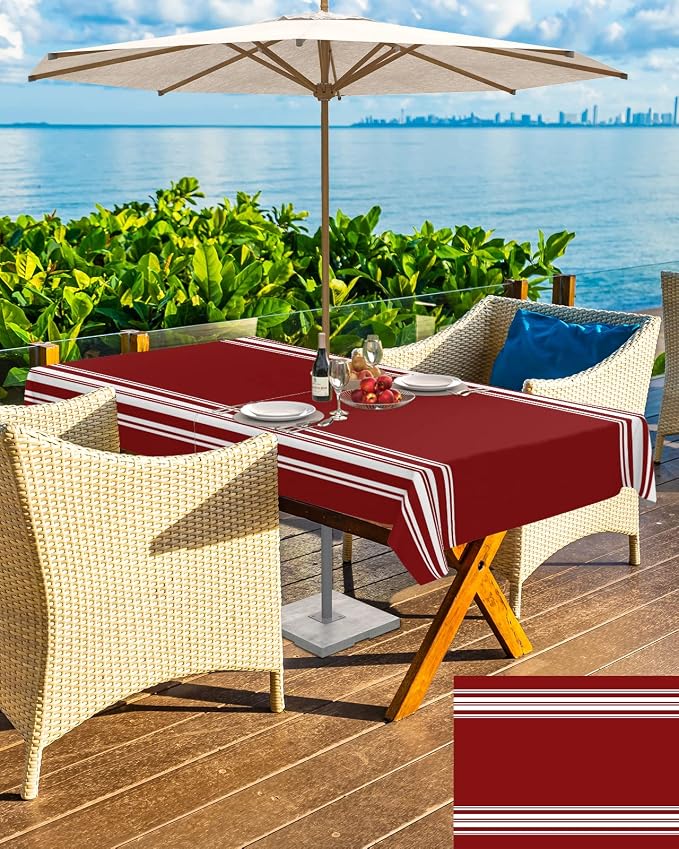 QueenKer Outdoor Tablecloth with Umbrella Hole, Farmhouse Wine Red White Stripe Rectangle Tables Waterproof Tabletop Collection for Patio, Garden, Picnic, Camping, Dining 52 x 70 inch