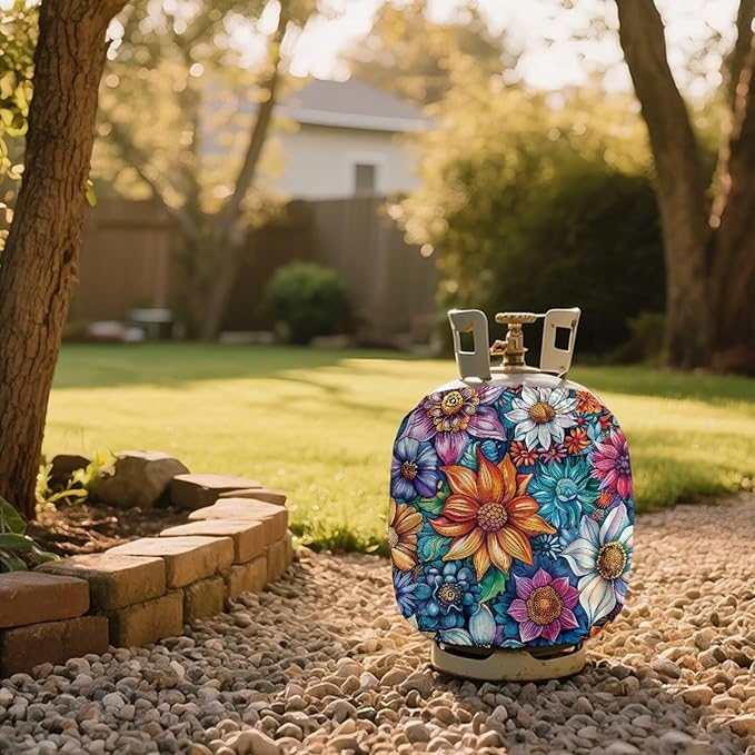 Flower 20 lb Dual Propane Tank Cover Protective Propane Tank Blanket for Grill, Travel Trailer RV, and Outdoor Use Windproof Weatherproof Gas Cover