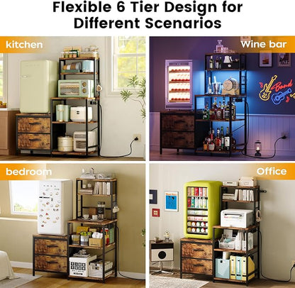 Homeiju Mini Fridge Stand Coffee Bar Cabinet with Power Outlet | Baker Rack with 5 Storage Shelves and 2 Large Drawers, Mini Fridge Shelf for Kitchen, Living Room, Office, Rustic Brown