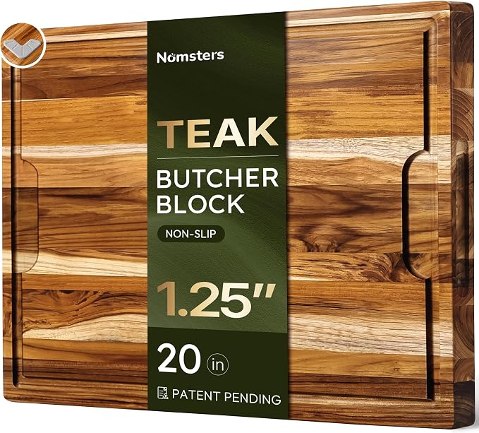20 x 15 in Teak Cutting Board, Butcher Block with Juice Groove | 1.25” Thick Cutting Board for Meat and Brisket, Wood Cutting Board for Picnic, End Grain Cutting Board for Carving
