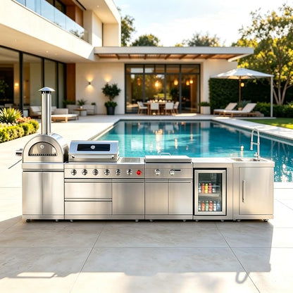 Luxury Modular Outdoor Kitchen Island, Stainless Steel Outdoor BBQ Grill Station with Sink, Storage, Countertop, Refrigerator, Pizza Oven, Backyard Patio Cooking for Family Gathering Entertaining