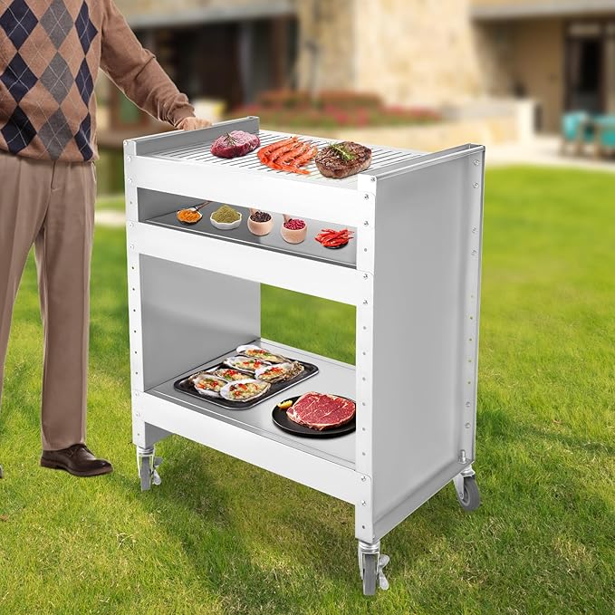 Charcoal Grill - 201 Stainless Steel - 23.15x15.87in Cooking Area - Adjustable Shelves - Easy to Move - Silver