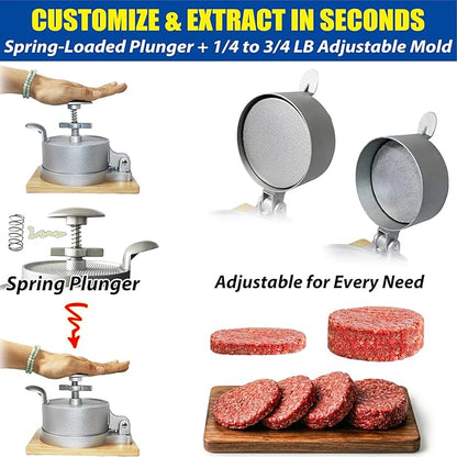 Heavy Duty Hamburger Press Patty Maker, Adjustable 1/4 to 3/4 lb Meat Mold, Detachable Spring Plunger with Bamboo Base, Shape Perfect Burgers in 1-Sec for Daily Meals & BBQ