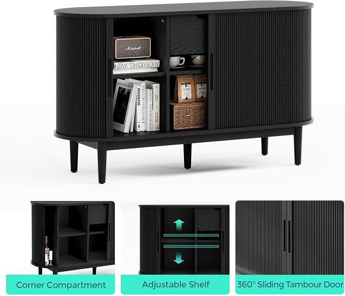 LINSY HOME 55" Sideboard Buffet Cabinet,Tambour Sliding Doors & Drawer | Black Fluted Coffee Bar Cabinet with Large Storage, Mid Century Modern Wood Storage Buffet Table for Kitchen, Living Room