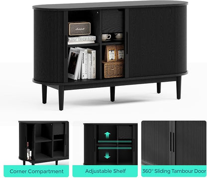 LINSY HOME 55" Sideboard Buffet Cabinet,Tambour Sliding Doors & Drawer | Black Fluted Coffee Bar Cabinet with Large Storage, Mid Century Modern Wood Storage Buffet Table for Kitchen, Living Room