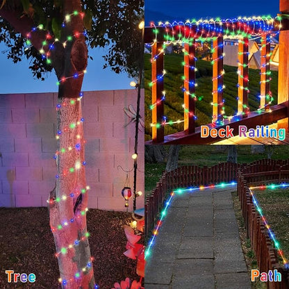 YEGUO Solar Rope Lights Outdoor Waterproof, 66ft 200 LED Multicolor String Lights, 8 Modes Fairy Lights in Clear Thin Tube