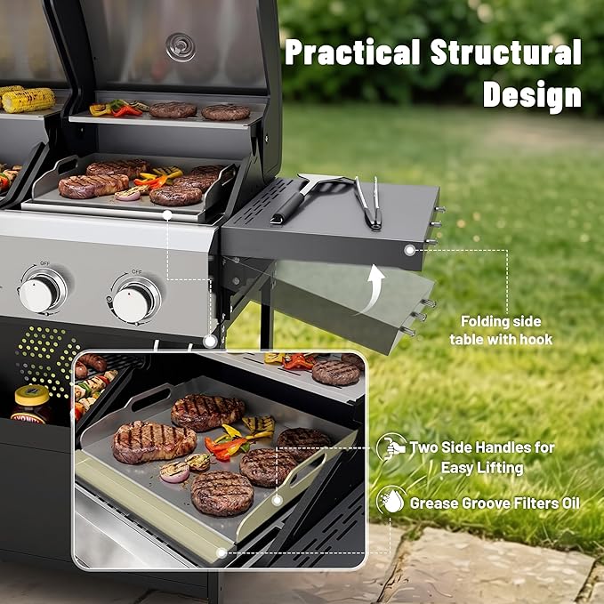 Propane Gas Grill and Griddle Combo for Outdoor Cooking, 5 Burners, Porcelain-Enameled Cast Iron Grate & Cast Iron Fry Pan, Foldable Side Shelves, Dual BBQ Grill for Patio, Backyard, Camping