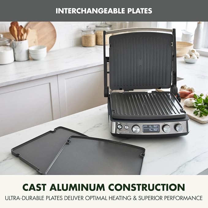 GreenPan Elite 6-in-1 Multi-Function Contact Grill & Griddle, Healthy Ceramic Nonstick Reversible Plates, Adjustable Shade & Shear, Closed Press/Open Flat Surface, PFAS-Free, Graphite
