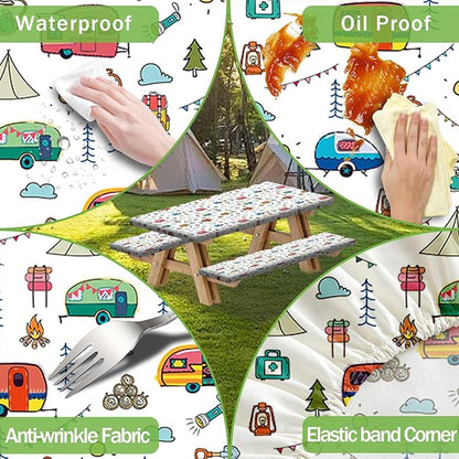 Picnic Table Cover with Bench Covers, Colorful Cartoon Camping Icons Elastic Edges, Waterproof Windproof Fitted Tablecloth, for Outdoor Camping Patio Garden, Includes Drawstring Bag, 72 in