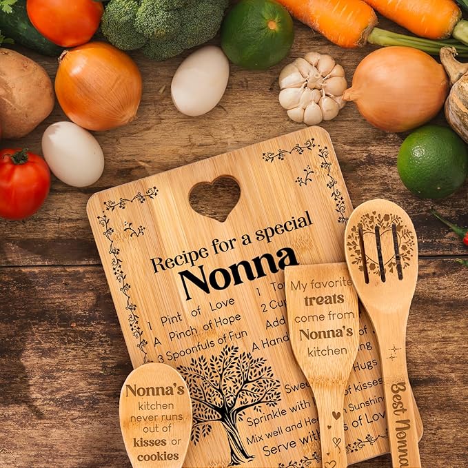 Nonna Gifts - "Recipe for a Special Nonna" Gifts for Nonna Cutting Board Set, Bamboo-Made Engraved Utensil Set Nonna Gifts for Grandma Cutting Board, Mothers Day Gifts for Nonna.