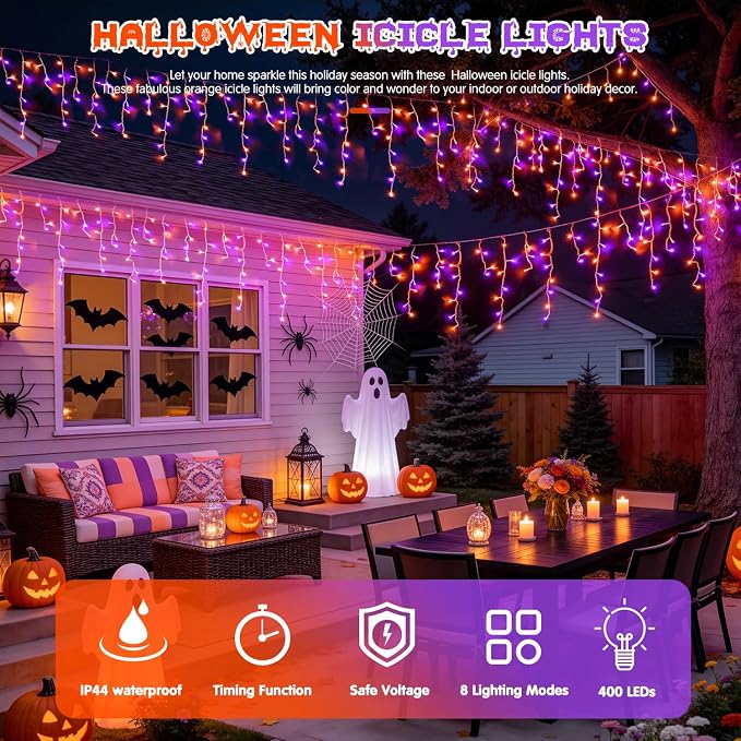 JMEXSUSS Orange and Purple Halloween Lights Outdoor, 400 LED 38.8 FT | Connectable Icicle Light Outdoor Waterproof, 8 Modes Halloween Lights Plug in for House Christmas Party Decorations
