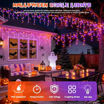 JMEXSUSS Orange and Purple Halloween Lights Outdoor, 400 LED 38.8 FT | Connectable Icicle Light Outdoor Waterproof, 8 Modes Halloween Lights Plug in for House Christmas Party Decorations
