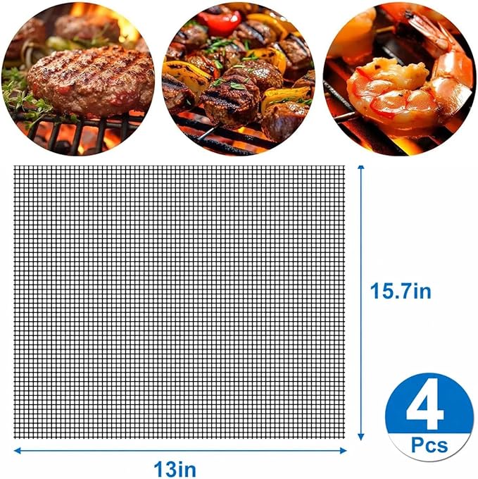 GWHOLE Non-Stick BBQ Grill Mesh Mat Set of 4, Reusable BBQ Grill Accessories Grilling Mesh Sheet for Outdoor Grill Cooking Baking Barbecue, 15.7" x13"