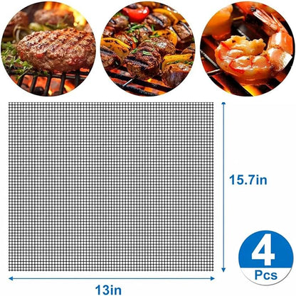 GWHOLE Non-Stick BBQ Grill Mesh Mat Set of 4, Reusable BBQ Grill Accessories Grilling Mesh Sheet for Outdoor Grill Cooking Baking Barbecue, 15.7" x13"