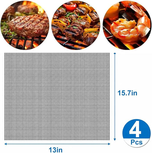 GWHOLE Non-Stick BBQ Grill Mesh Mat Set of 4, Reusable BBQ Grill Accessories Grilling Mesh Sheet for Outdoor Grill Cooking Baking Barbecue, 15.7" x13"