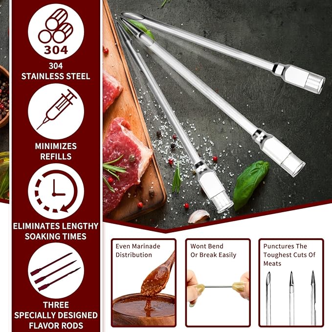 Turkey Meat Injector Syringe Kit with 3 Marinade Needles for BBQ Grill Smoker, 1 Cleaning Brush, 1.7 Oz/50 ml Large Capacity Injector Marinades for Meats Red