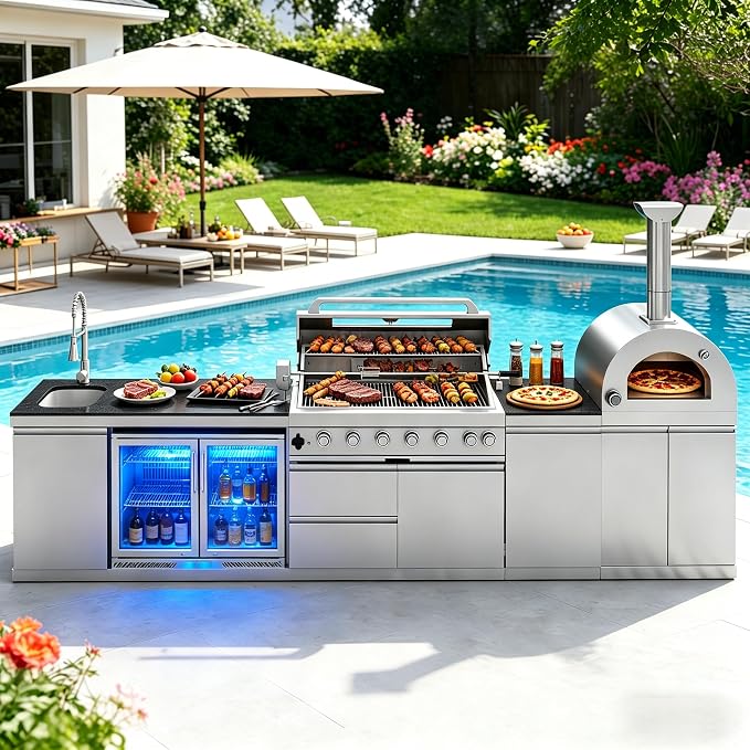 147" Outdoor Kitchen Island,Propane BBQ Grill with Pizza Oven,Rotisserie,Double Door Refrigerator,Storage Cabinets,Granite Countertop & Drawers,120,000 BTU,Stainless Steel Material.