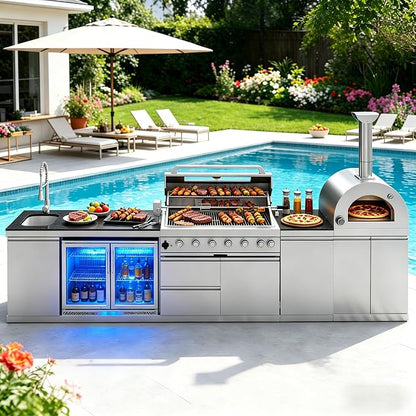 147" Outdoor Kitchen Island,Propane BBQ Grill with Pizza Oven,Rotisserie,Double Door Refrigerator,Storage Cabinets,Granite Countertop & Drawers,120,000 BTU,Stainless Steel Material.