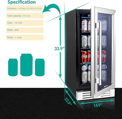 15 Inch Beverage Cooler and Kalamera Refrigerator Under Counter Built-in or Freestanding - 96 Cans Capacity Mini Fridge- for Soda, Water, Beer or Wine - For Kitchen or Bar with Blue Interior Light