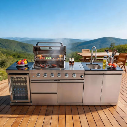 98.4" Outdoor Kitchen Island, 4-Burner Propane Grill & Fridge, Sink, Silver | 72000 BTU, 304 stainless, infrared rotisserie, granite countertops, LED fridge, halogen lights, storage cabinets, casters