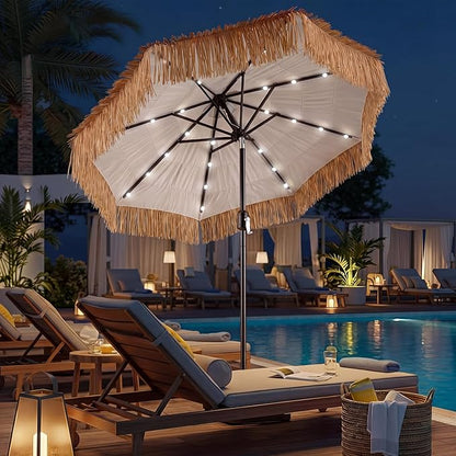 CroBlissful 7.5 ft Solar Tiki Umbrella with 32 LED Lights, Hula Thatched Patio Umbrella, UPF 50+, Hawaiian Style Beach Parasol for Garden, Beach, Pool, and Backyard
