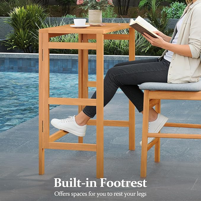 Tangkula Acacia Wood Outdoor Folding Bar Table, Patio Rectangle Counter Height Pub Table with Slatted Tabletop, for Balcony, Backyard Garden and Poolside