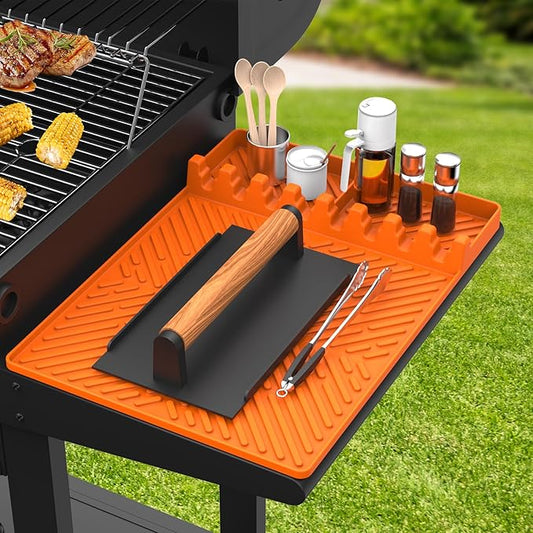 Griddle Accessories Silicone Spatula Mat with Drip Pad, Orange, 16x11.5" Rectangular Grill Mat
