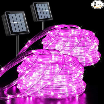 QITONG Pink Solar Rope Lights Outdoor, 2 Pack Each 33ft 100 LED String Light, 8 Modes Fairy Lights in Clear Thin Tube with 8 Modes