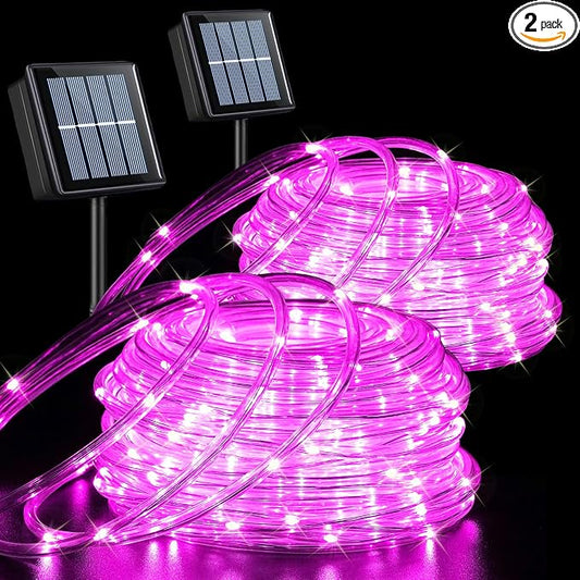 QITONG Pink Solar Rope Lights Outdoor, 2 Pack Each 33ft 100 LED String Light, 8 Modes Fairy Lights in Clear Thin Tube with 8 Modes