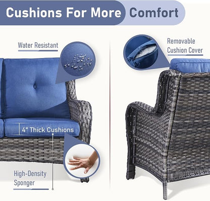 Outdoor Patio Furniture - 3 Seater Outdoor Rattan Wicker Sofa Patio Couch with Ottoman for Porch Deck Garden Backyard - Grey/Blue