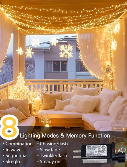Warm White Christmas String Lights, 98FT 200 LED Fairy Lights Indoor | Up to 8 Sets, 8 Modes with Memory, Connectable, Transparent Wire, IP65 Waterproof Outdoor Decor for Classroom, dorm, Bedroom
