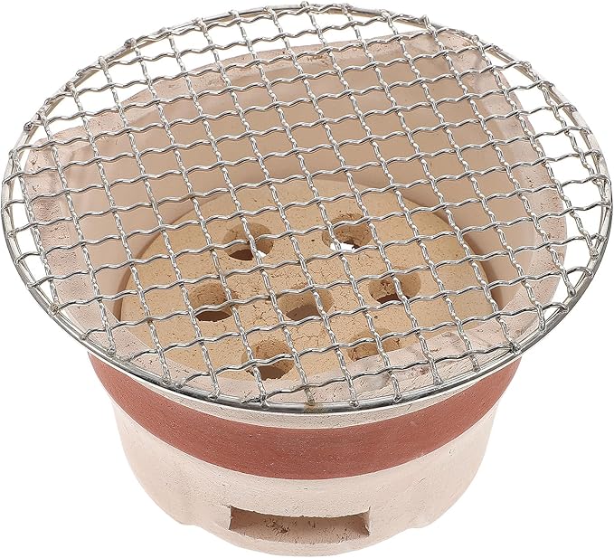 Mini Ceramic Charcoal Barbecue Stove with Grill Net, Portable Korean Style Pottery Bbq Oven for Camping and Household Use, Brown Charcoal Grill Set Color