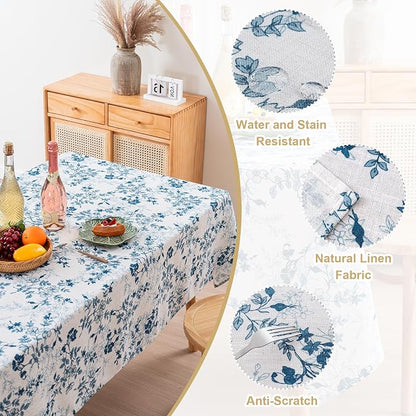 H.VERSAILTEX Linen Table Cloths Floral Printed Tablecloth Spill-Proof Waterproof Table Cover for Dining Buffet Feature Soft and Thick Fabric Wrinkle Free, 60 x 60 Inch, Retro Floral - Stone Blue